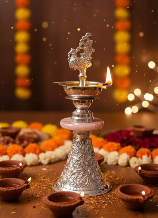VIRENZA Handcrafted Silver Plated Peacock Design Diya Oil Lamp with Velvet Box