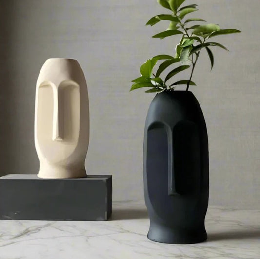 Abstract Faces Vase - 10 inch White and Black