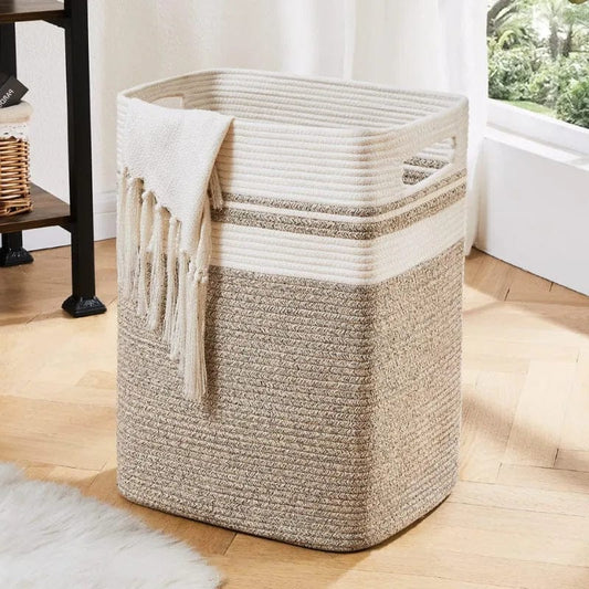 Beige & White Foldable Cotton Storage bin- 22 inch x 17 inch x 13 inch; 75L