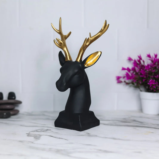 Cyan Deer Head with Golden Antlers Resin Statue