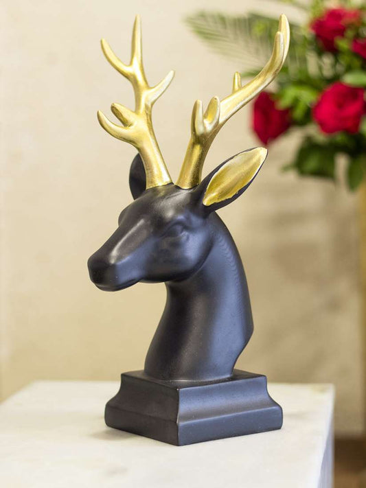 Cyan Deer Head with Golden Antlers Resin Statue