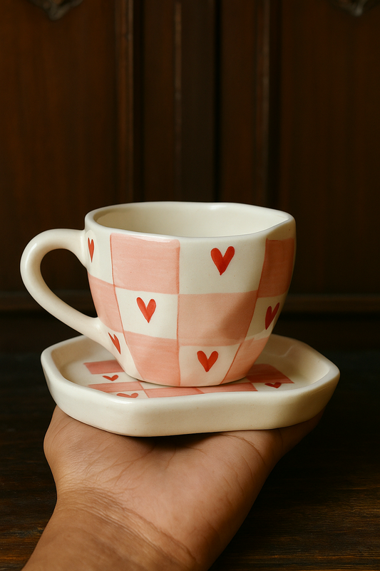 Checkered Red Heart Coffee Mug & Snack Plate Combo - 250 ml