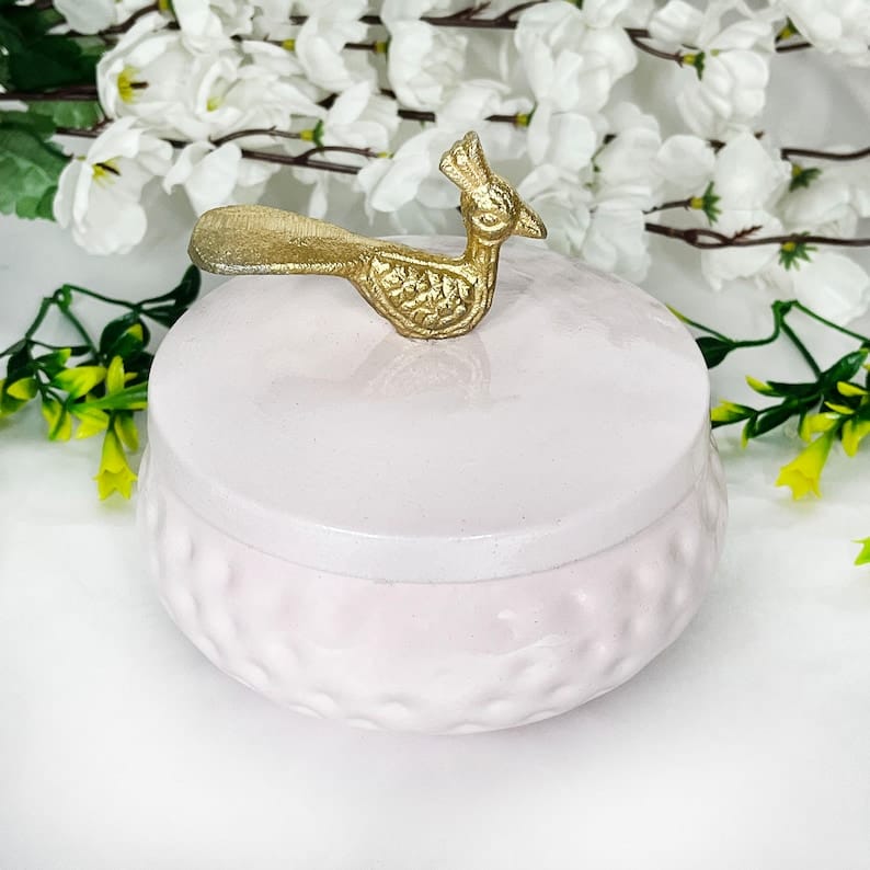 Elegant Baby Pink Jar with Ornate Gold Peacock Lid