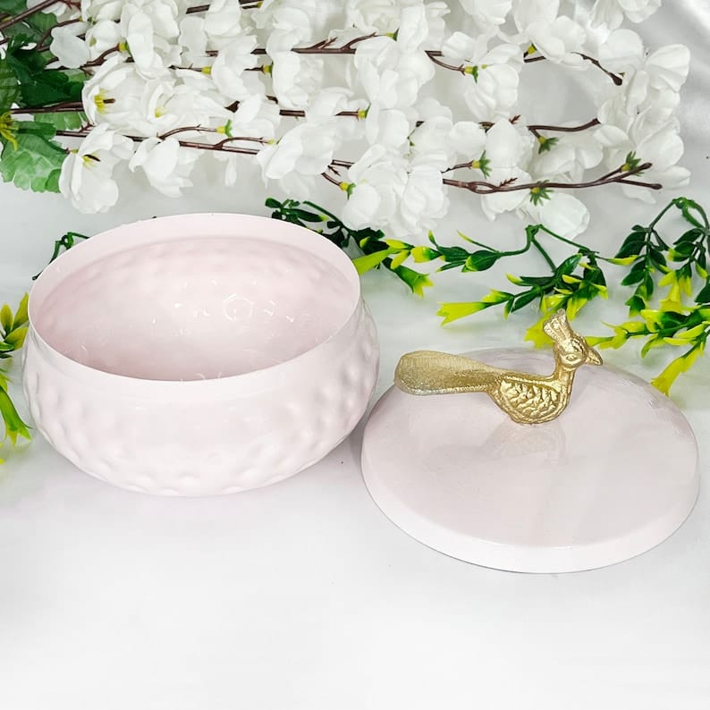 Elegant Baby Pink Jar with Ornate Gold Peacock Lid
