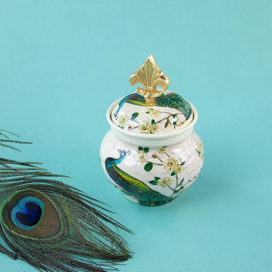 Handcrafted Enamel-Coated Metal Peacock Jar