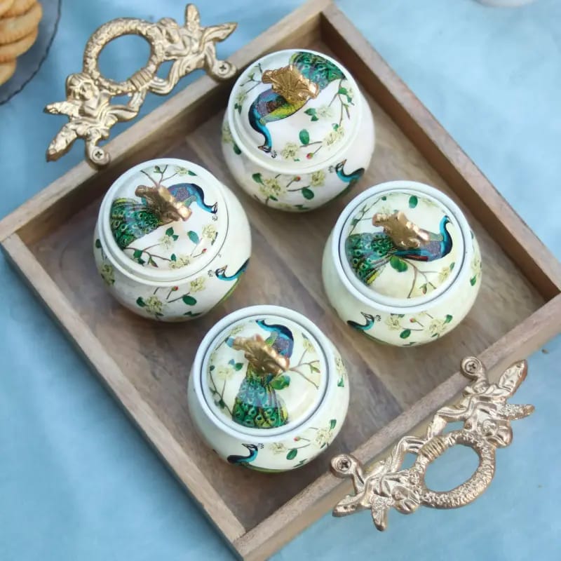 Handcrafted Enamel-Coated Metal Peacock Jar