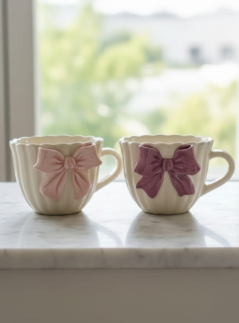 Ruffled Edge Bow Design Mugs (Set of 2)