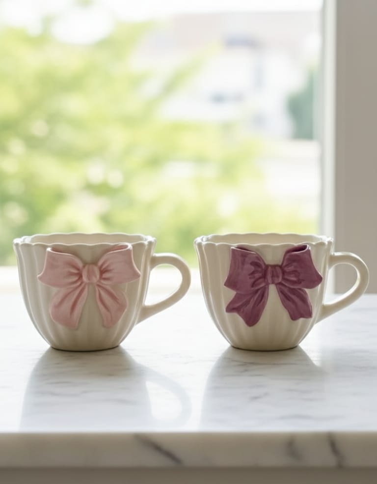 Ruffled Edge Bow Design Mugs (Set of 2)