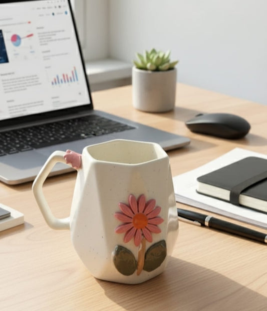Geometric Ceramic Mug with 3D Flower Appliqué