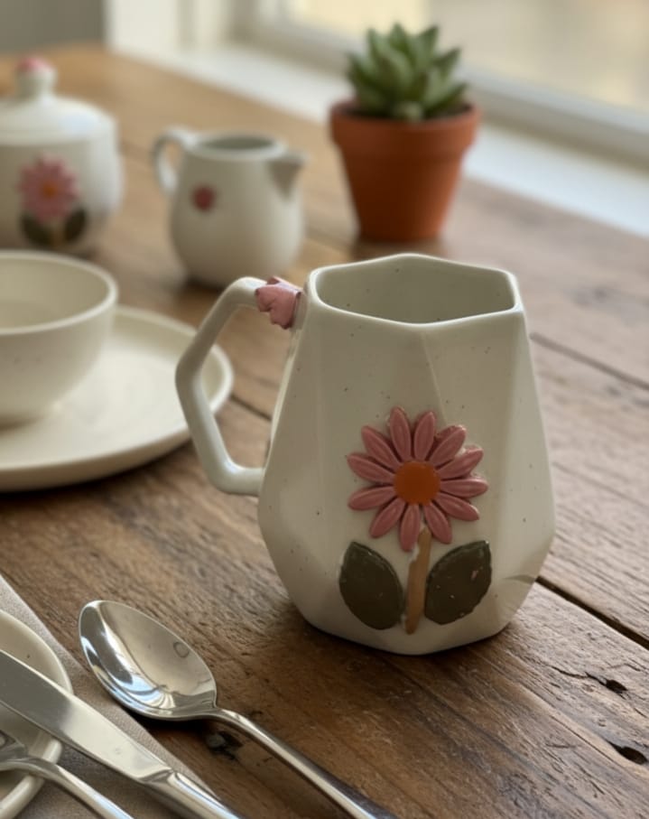 Geometric Ceramic Mug with 3D Flower Appliqué