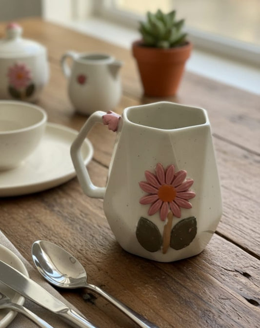 Geometric Ceramic Mug with 3D Flower Appliqué