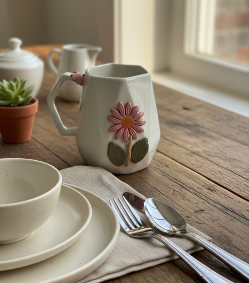 Geometric Ceramic Mug with 3D Flower Appliqué