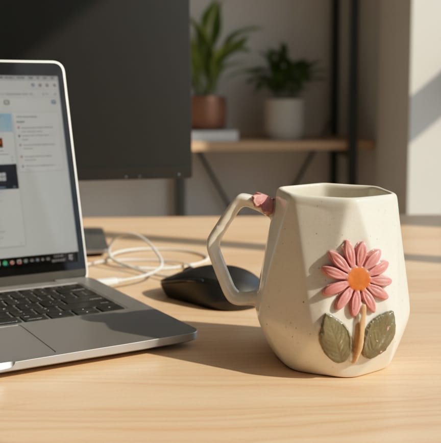 Geometric Ceramic Mug with 3D Flower Appliqué