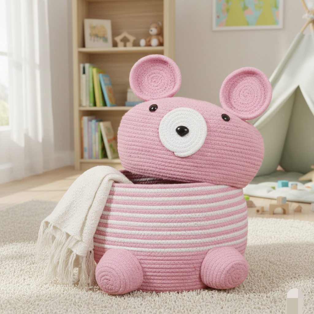 Handcrafted Bear Kids Storage Basket with Lid - Multiple Colors