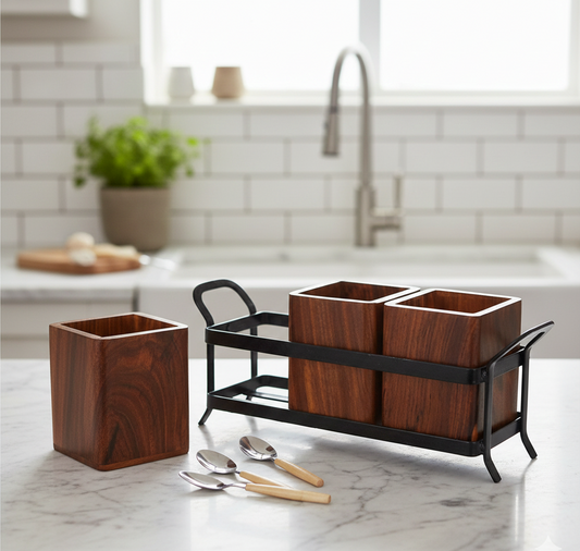 Rustic Wooden Cutlery Holder - 11 inch x 4.5 inch