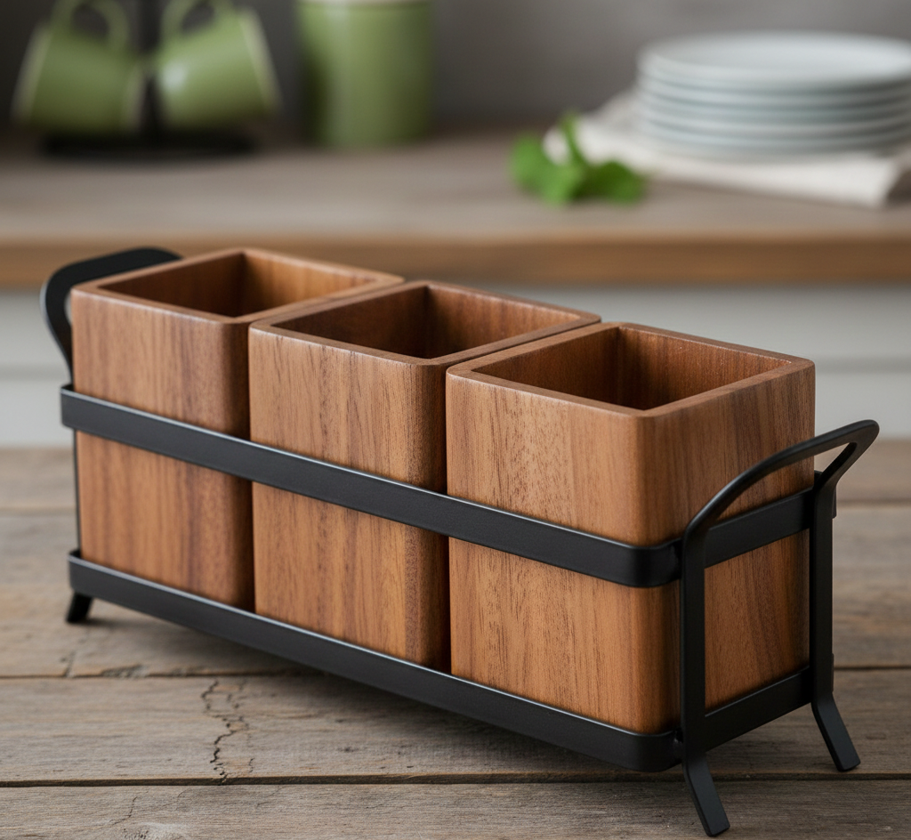 Rustic Wooden Cutlery Holder - 11 inch x 4.5 inch