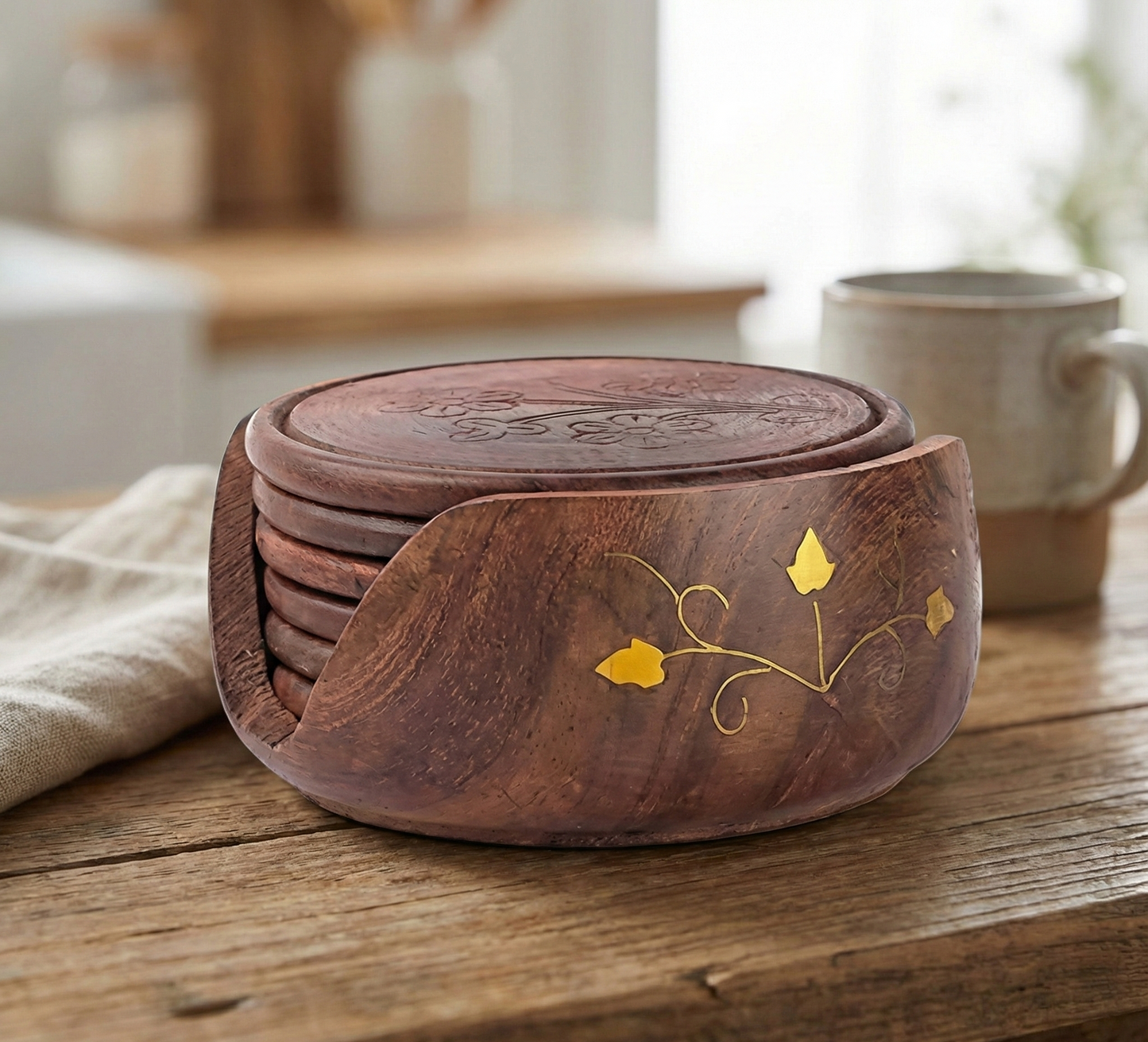 Elegant Wooden Coaster Set with Brass Petals - 4 inch x 4 inch x 2 inch