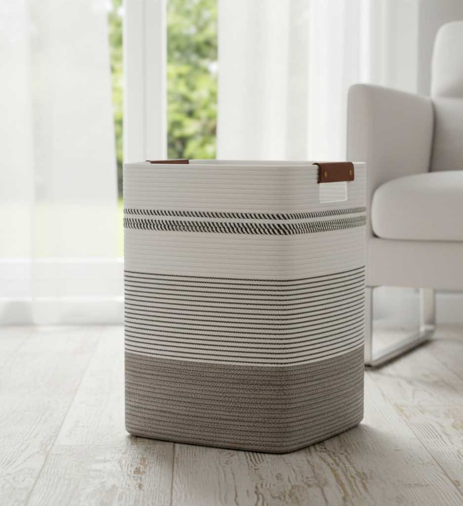 White & Brown Striped Cotton Laundry Basket - 18 inch x 15 inch x 11 inch