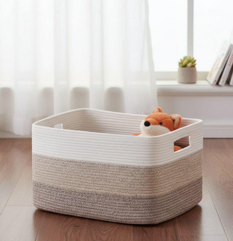 White & Brown Storage Basket with Handle - Medium, Large