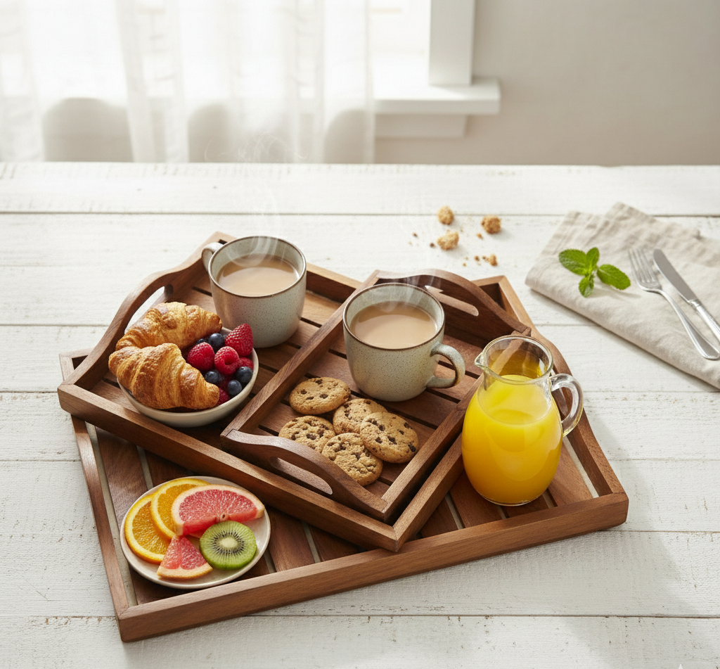 Handcrafted Wooden Sheesham Wood Trays - Set of 3 - Small, Medium, Large