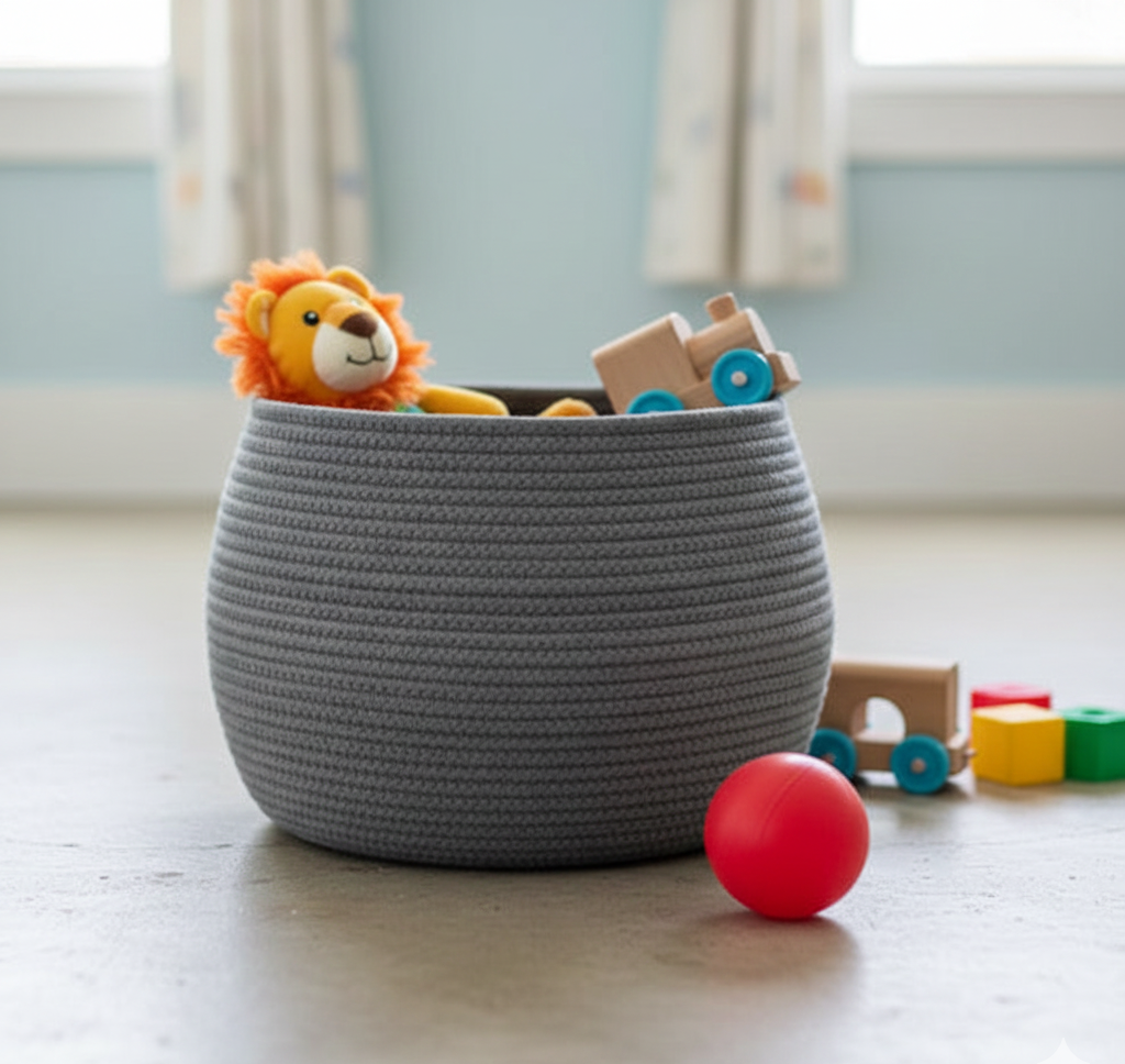 Grey Cotton Round Storage Basket / Planter - Multiple Sizes