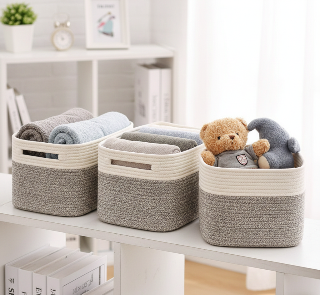 White Grey Storage Baskets for Shelves - 15 x 10 x 9.5 inch - Customize