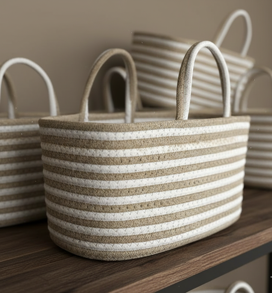 White & Brown Cotton Basket with Handle - 9 x 5 x 5 inch - Customizable