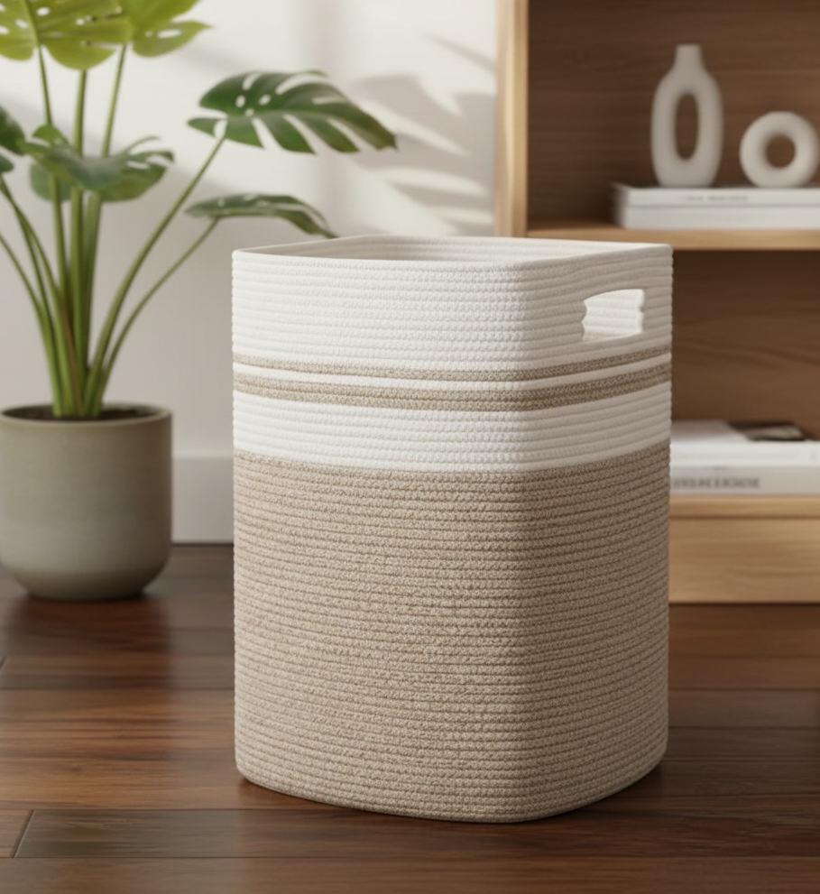 Beige & White Foldable Cotton Storage bin- 22 inch x 17 inch x 13 inch; 75L