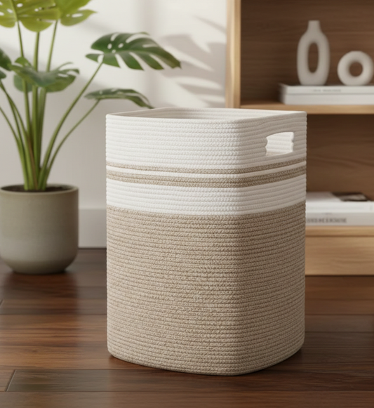 Beige & White Foldable Cotton Storage bin- 22 inch x 17 inch x 13 inch; 75L