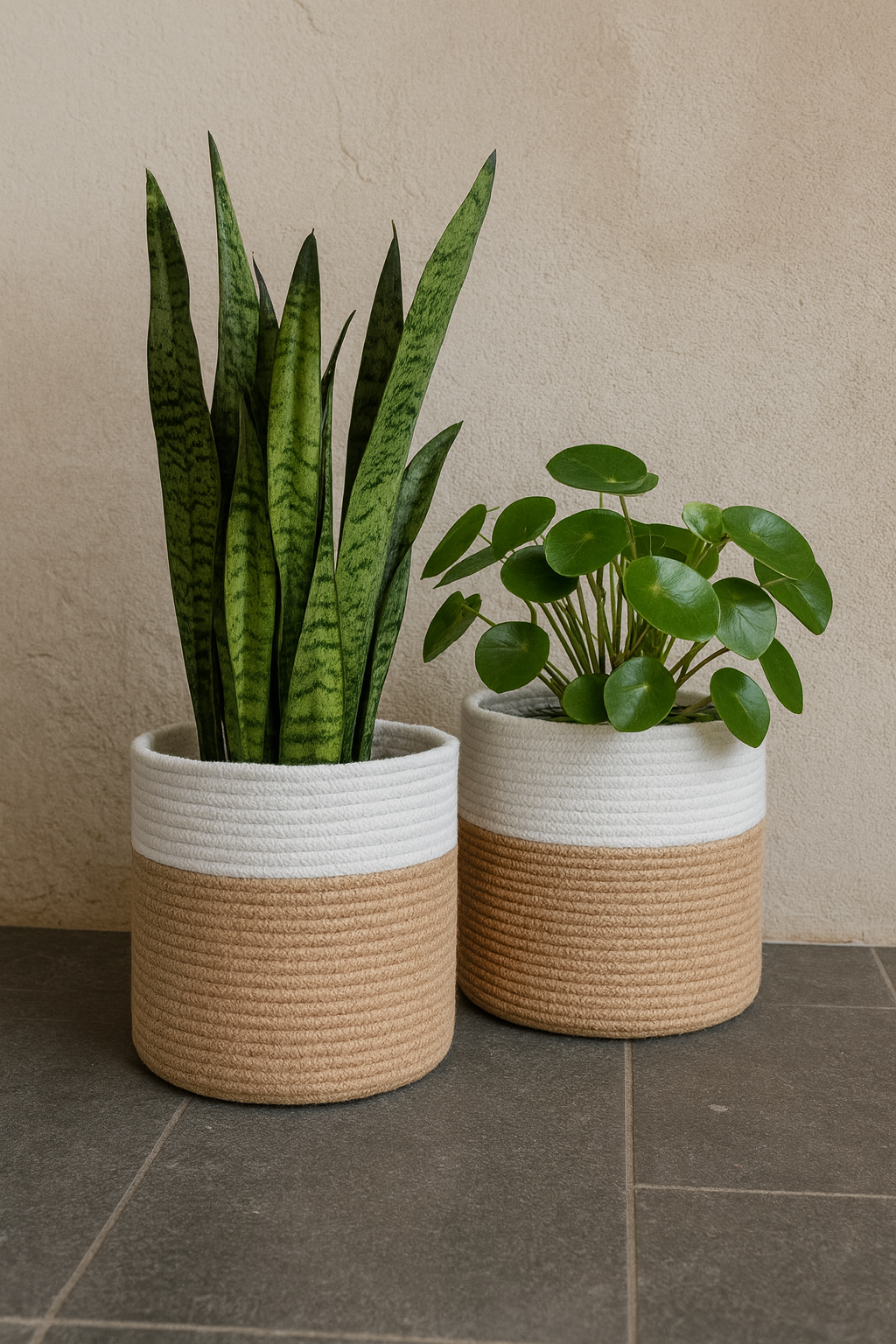 White & Beige Cotton Storage Basket / Planter - Multiple Sizes