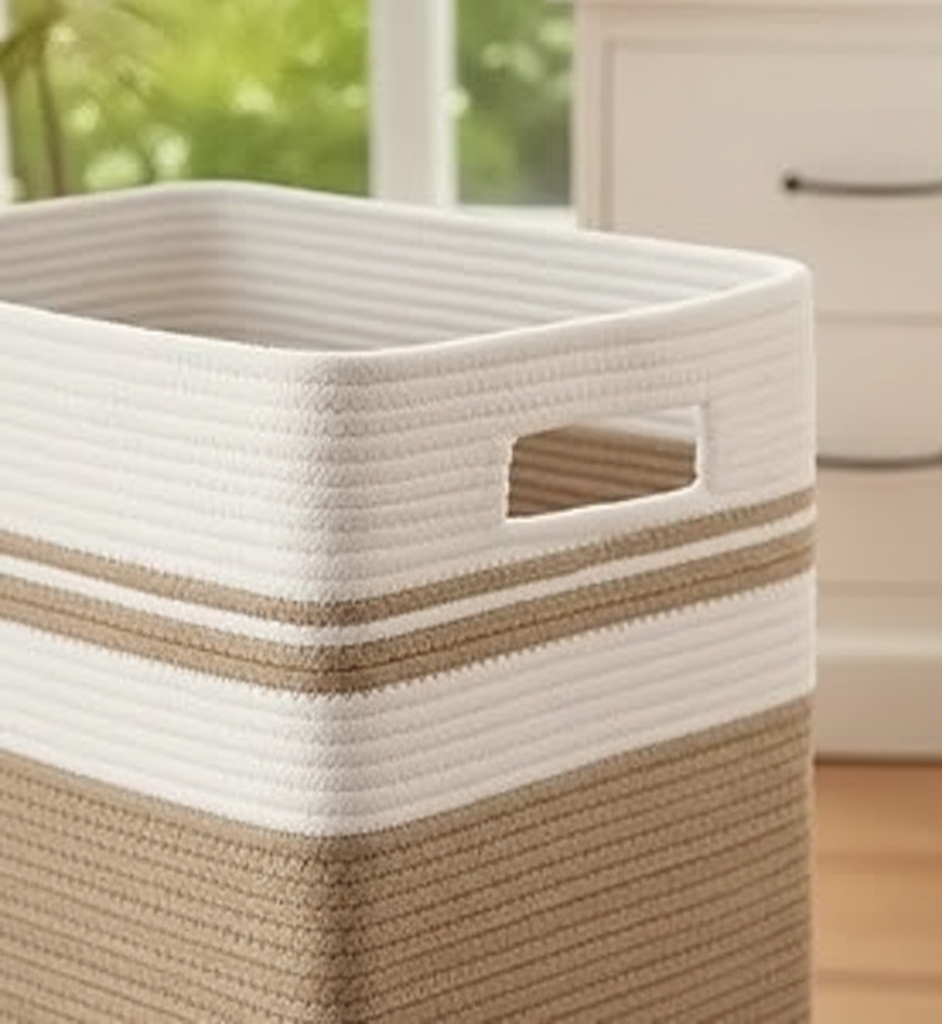 Beige & White Foldable Cotton Storage Bin - 18 inch x 15 inch x 11 inch