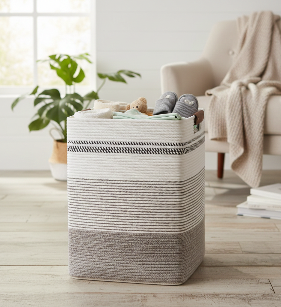 White & Brown Striped Cotton Laundry Basket - 18 inch x 15 inch x 11 inch