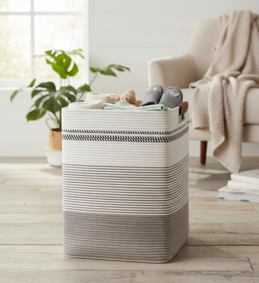 White & Brown Striped Cotton Laundry Basket - 18 inch x 15 inch x 11 inch