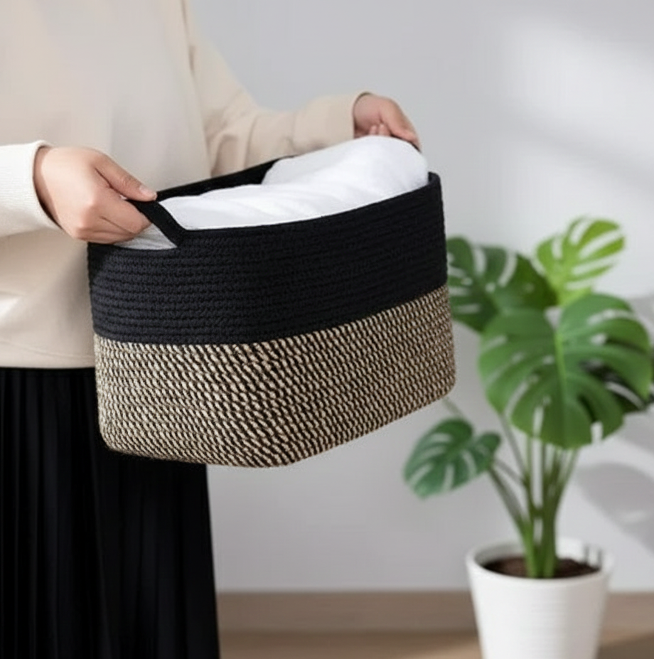 Black Cotton Shelf & Storage Basket with Handle - Customizable