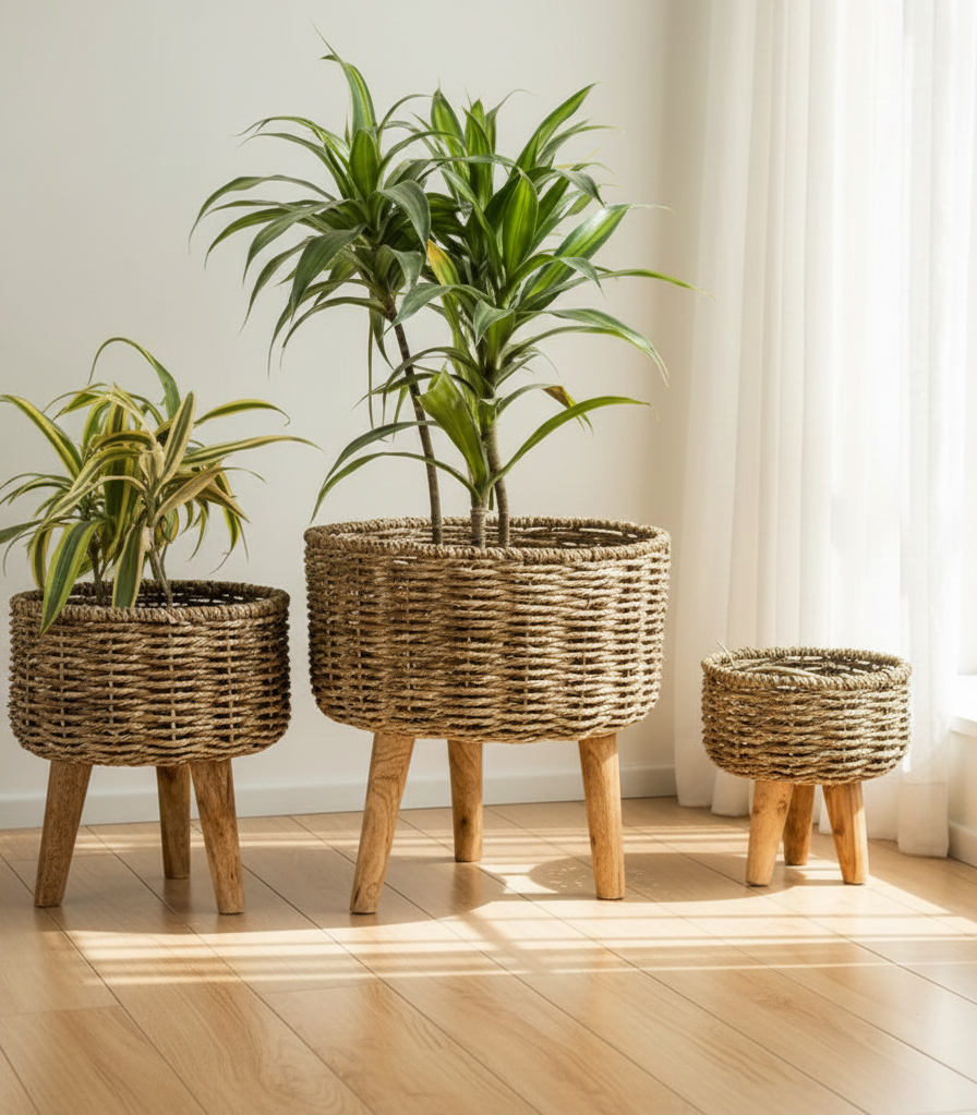 Eco-Friendly Beige & White Jute Planter - Set of 3