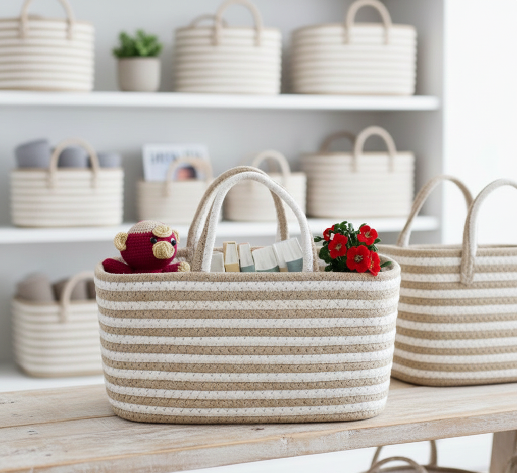 White & Brown Cotton Basket with Handle - 9 x 5 x 5 inch - Customizable