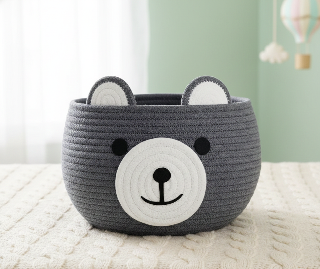 Kids Grey Bear Cotton Organizer Basket / Planter - Customizable