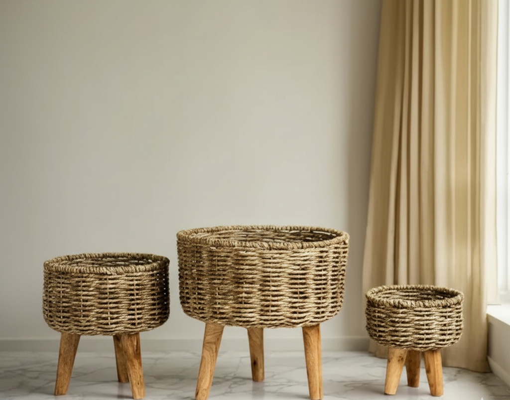 Eco-Friendly Beige & White Jute Planter - Set of 3