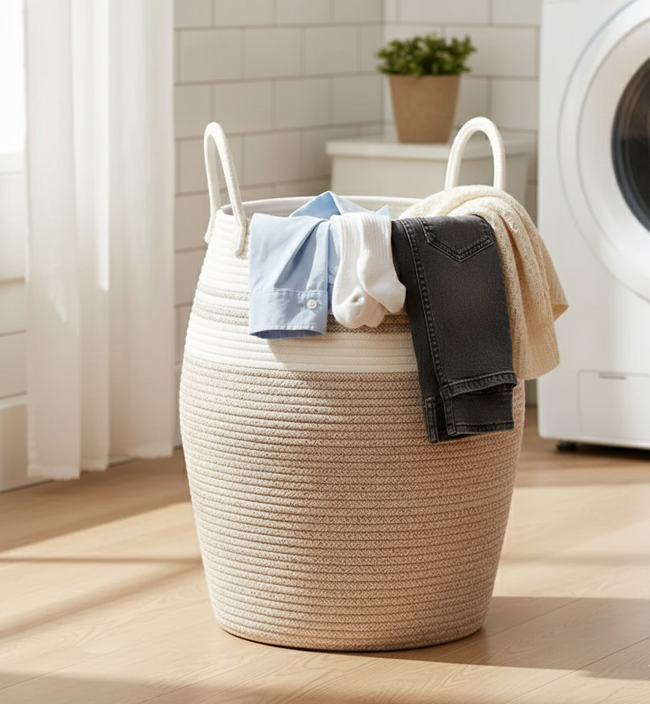 White & Beige Sleek Laundry Storage Basket with Handles - Medium, Large