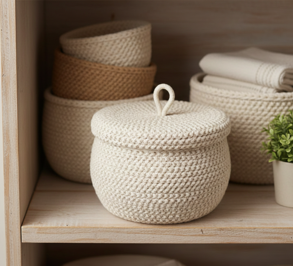 Fancy Beige Cotton Storage Basket with Lid