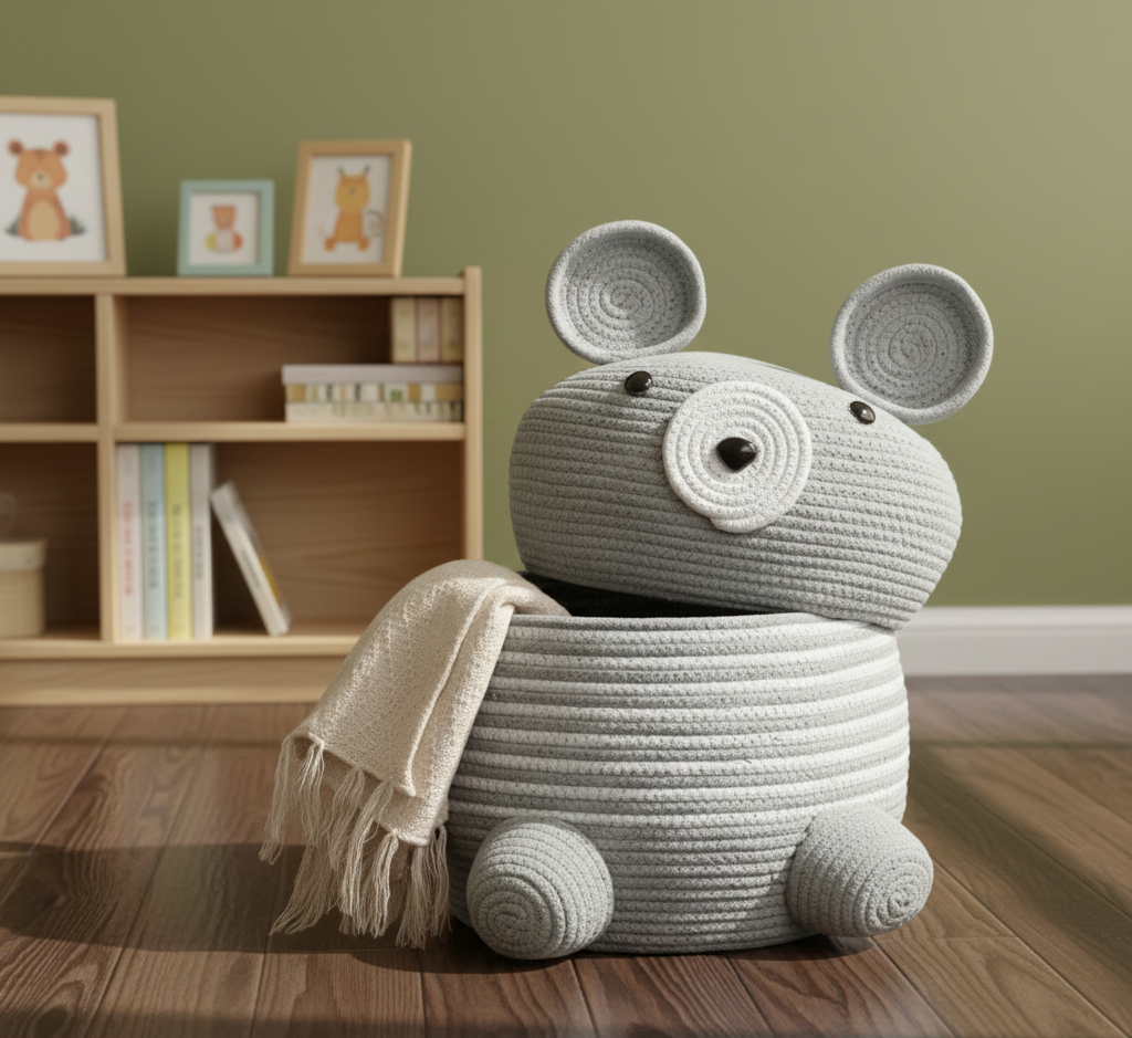 Handcrafted Bear Kids Storage Basket with Lid - Multiple Colors