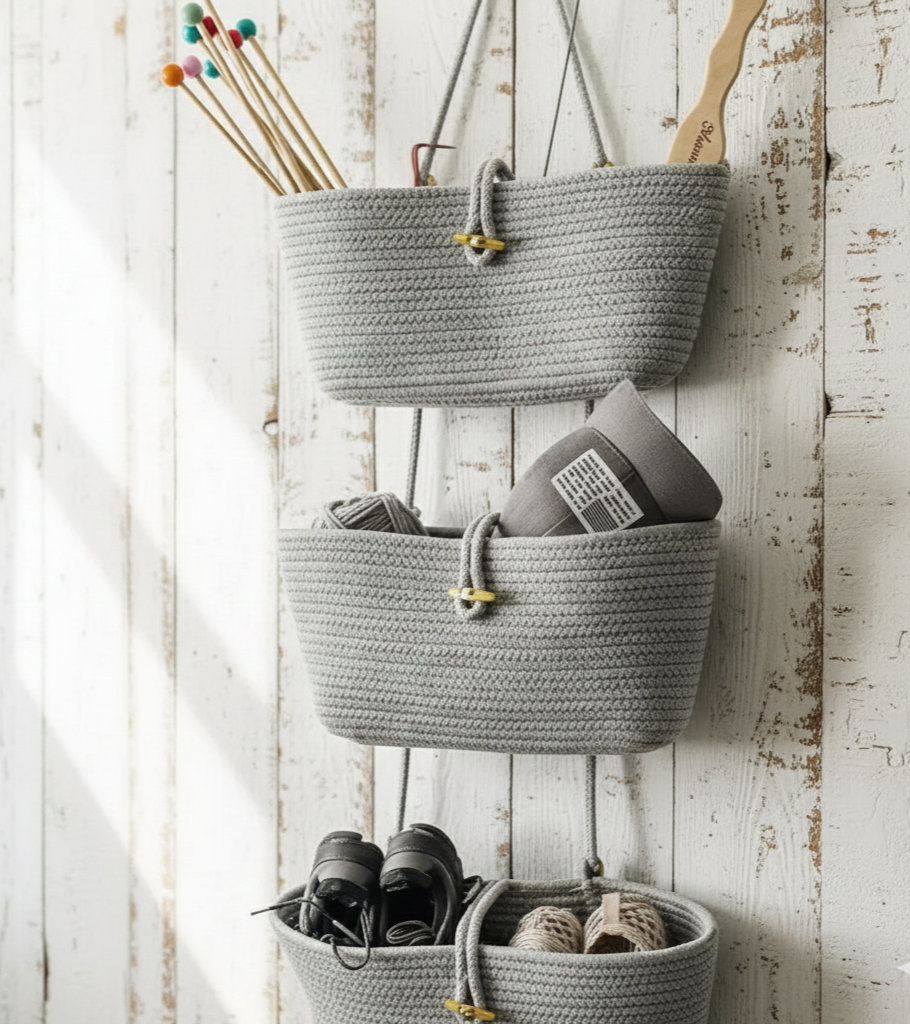 3 Wall Hanging Cotton Baskets - Gray - Customizable