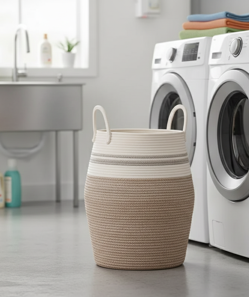 White & Beige Sleek Laundry Storage Basket with Handles - Medium, Large
