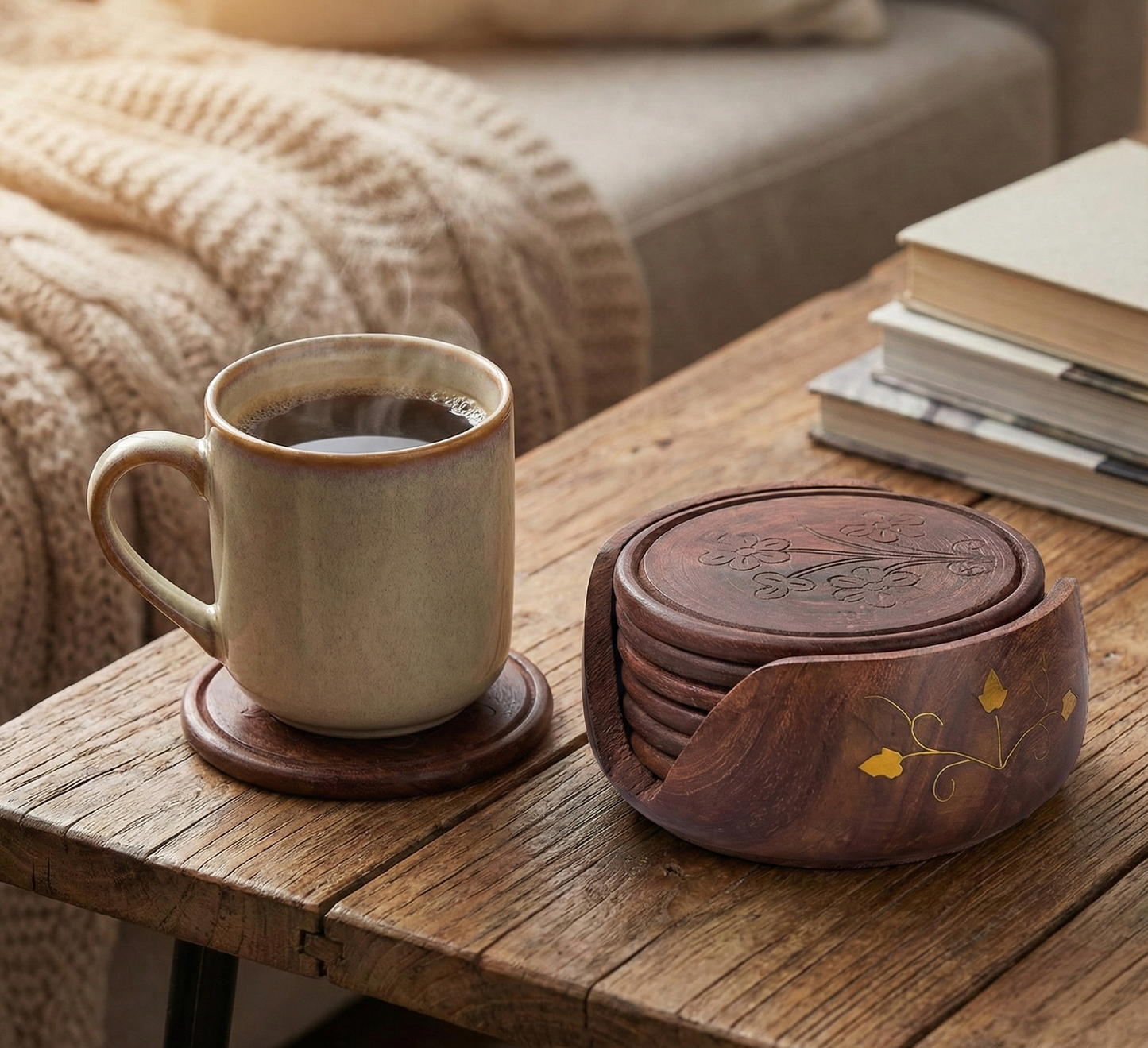 Elegant Wooden Coaster Set with Brass Petals - 4 inch x 4 inch x 2 inch
