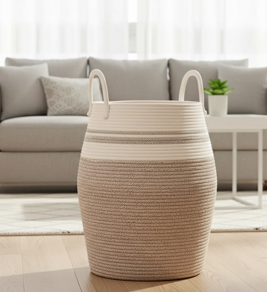 White & Beige Sleek Laundry Storage Basket with Handles - Medium, Large