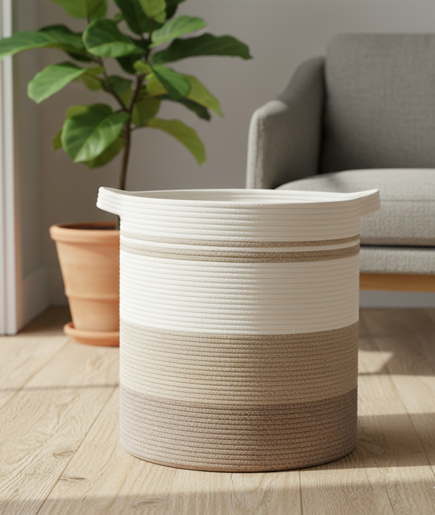 White, Beige & Brown Cotton Laundry Basket & Storage Organiser - Medium, Large