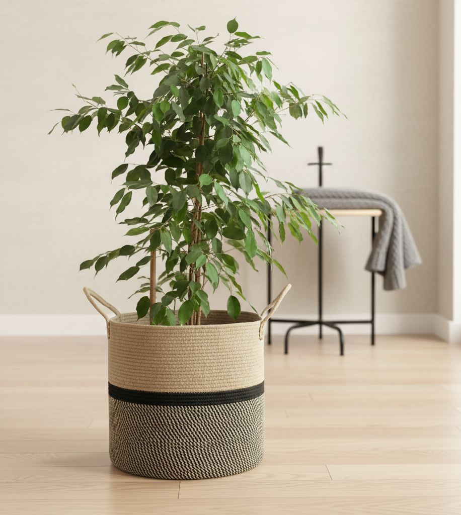 Beige & Black Cotton Planter & Storage Basket