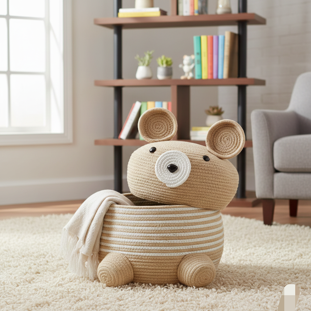 Handcrafted Bear Kids Storage Basket with Lid - Multiple Colors