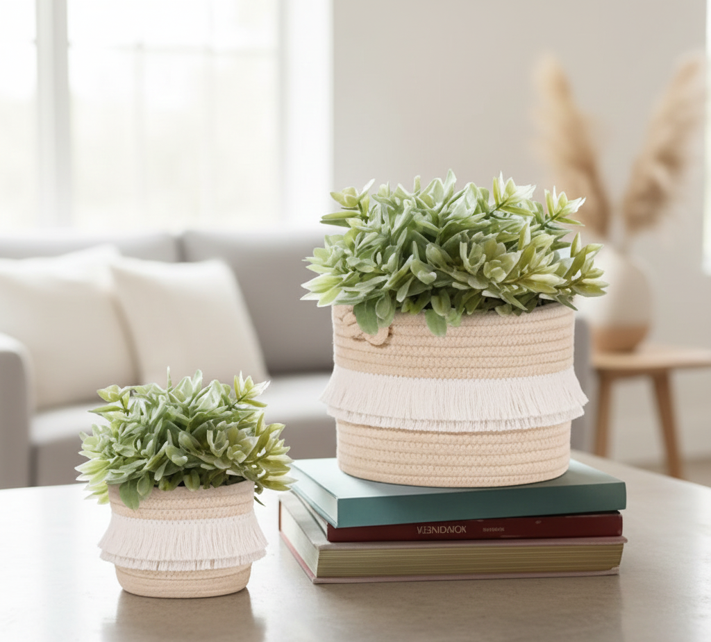 Beige Cotton Fancy Storage Basket / Planter - Multiple Sizes