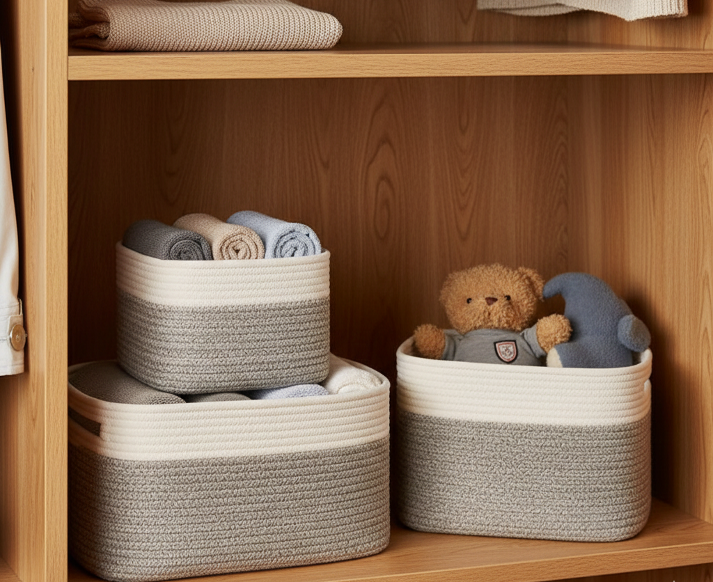 White Grey Storage Baskets for Shelves - 15 x 10 x 9.5 inch - Customize